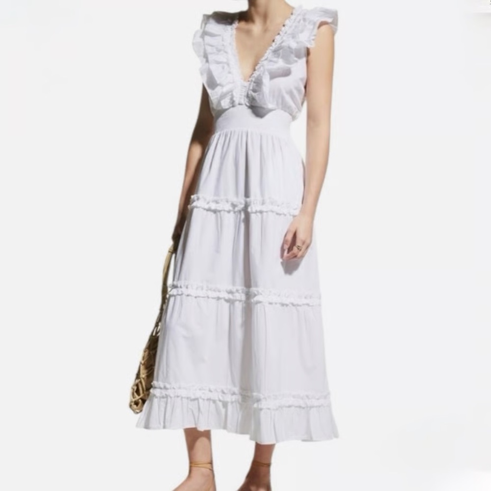NWT Caroline Constas Ruffle v neck White Maxi Dress